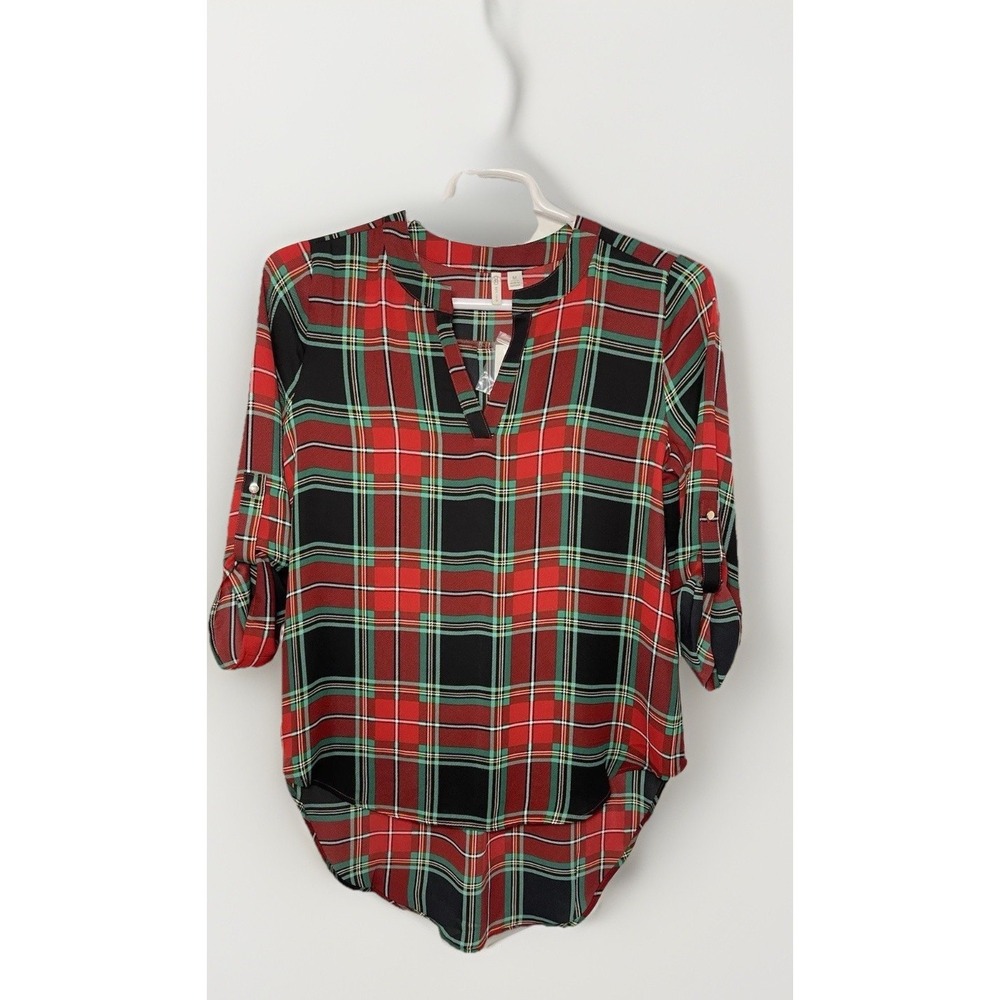 NWT‎ Cato Christmas Plaid High/Low Blouse S~M Plus 3/4 Roll Tab Sleeve Classic - Picture 8 of 8